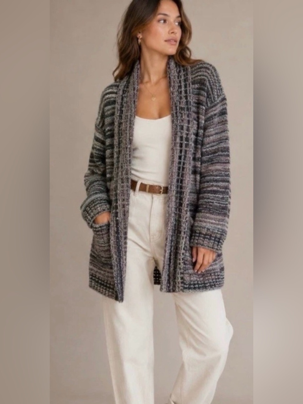 Anthropologie Akemi + Kin Wasilla Knit Cardigan Gray Multicolor Open Front